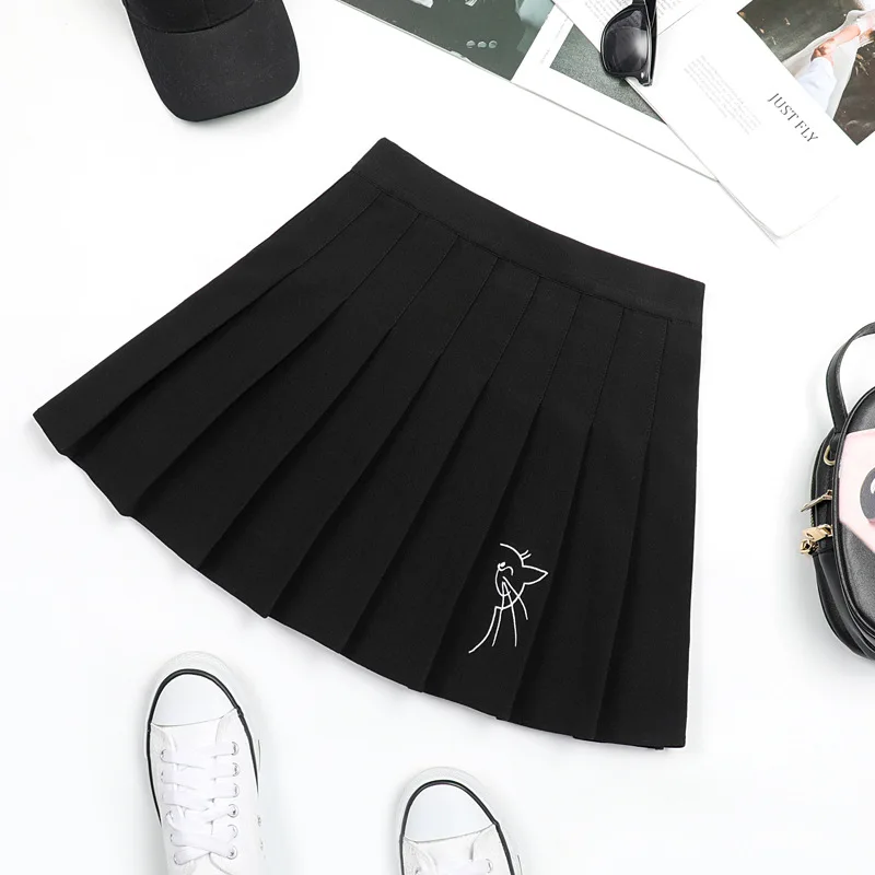 

Cute Cat Embroidered Pleated Skirt 2020 New Style Women's High Waist Overskirt Black A- Line Vintage Skirt kawaii skirt