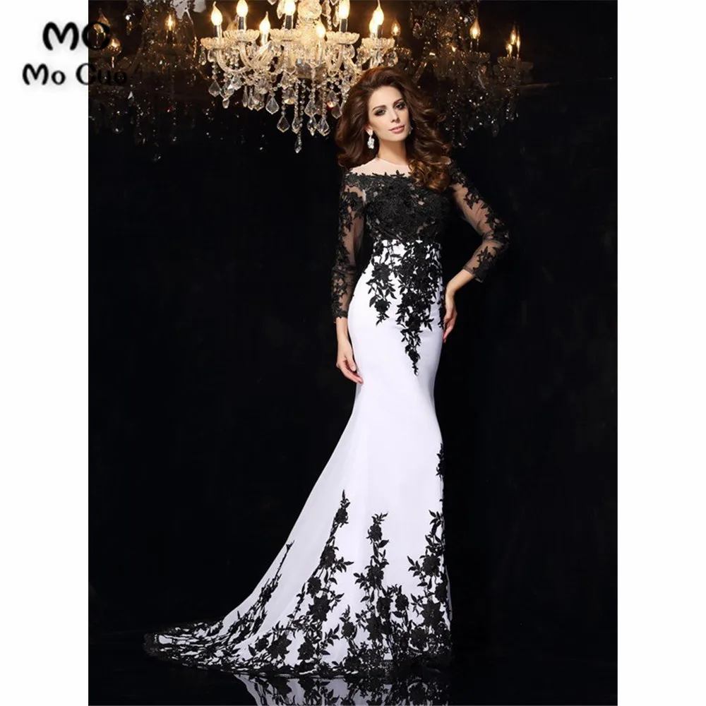 

Column Off Shoulder Long Sleeves Prom Dresses with Appliques Lace Evening Gown Vestido de festa Elastic Satin Prom Dresses