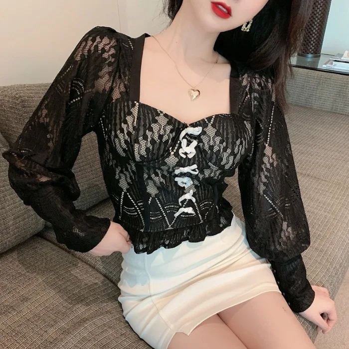 

New Summer Shirt And Blouse Tops Womens Hollow Halter Lace-up Elegant Shirt Vintage Slim Short Puff Sleeve Shirt Top Women