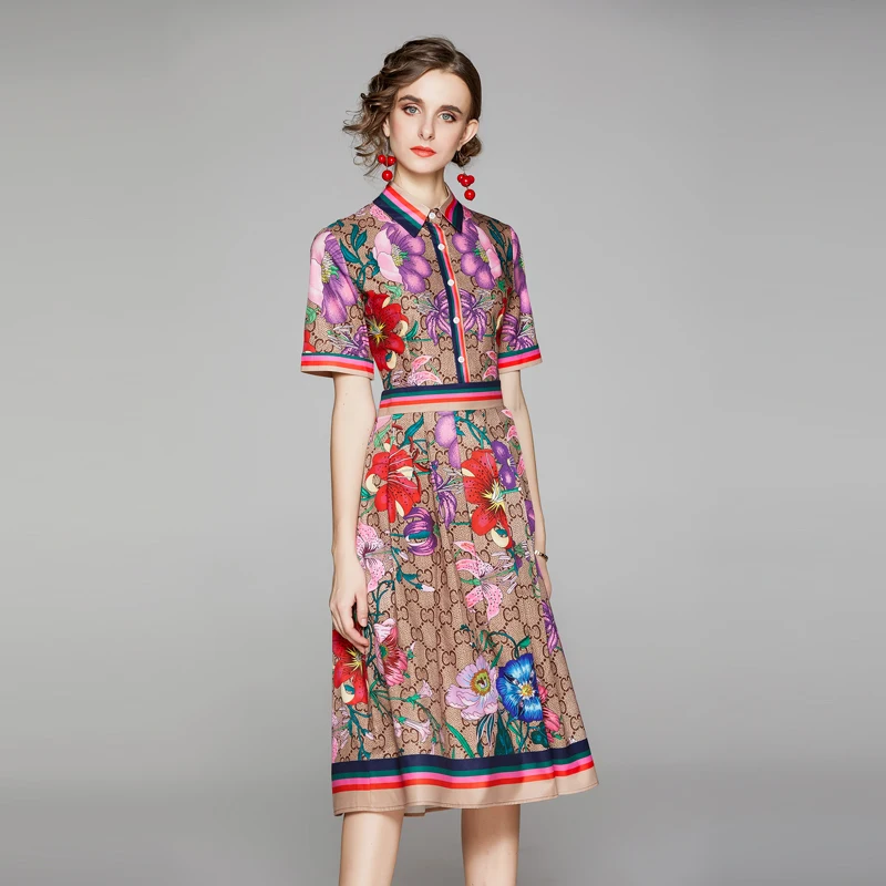 

2021 New Summer Fashion Runway Girl Shirt Dress Women's Short Sleeve Casual Floral Stripe Print Pleated Midi Elegant Party Dress