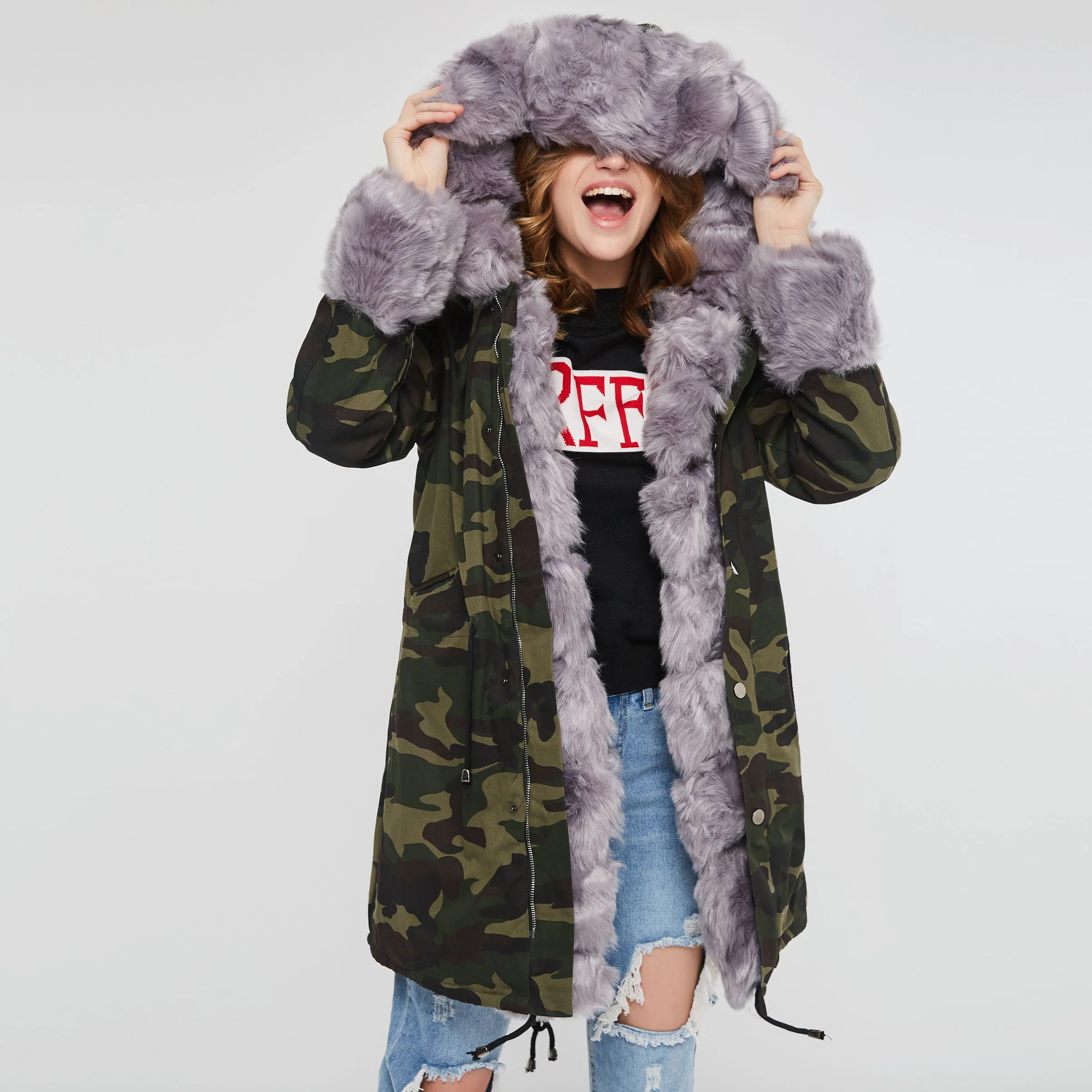 Женское камуфляжное пальто повседневное зеленое с капюшоном теплая парка на