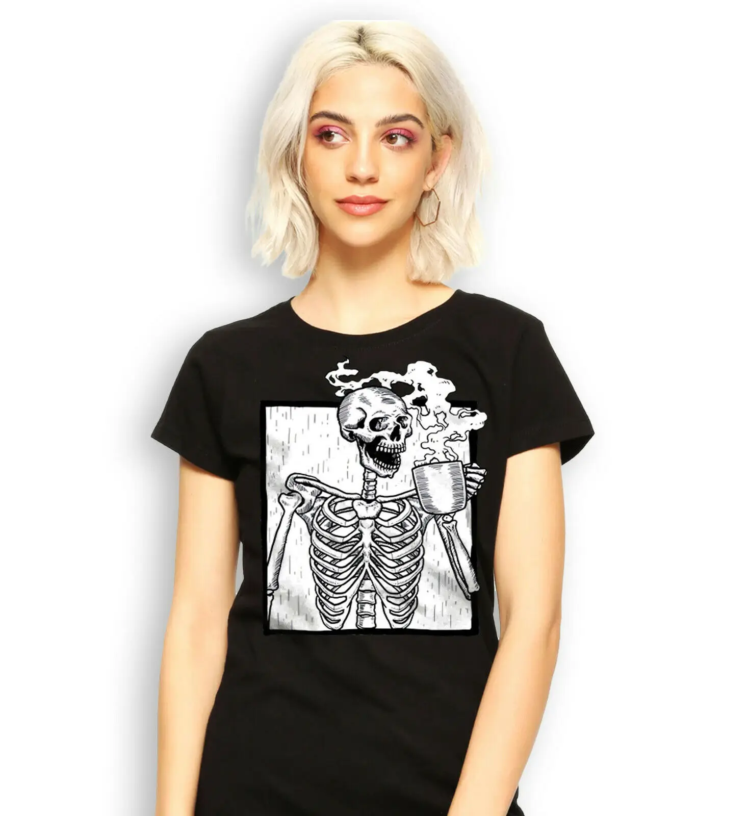 

Coffee Lovers T-shirt,Halloween Coffee Drinking Skeleton Skull T-shirt,Skull Tee