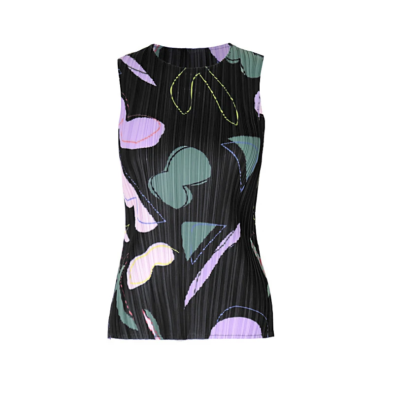 

CHICEVER Casual Print T Shirt For Women O Neck Sleeveless Loose Hit Color Ruched T Shirts Female Fashion New Clothes 2021 Summer