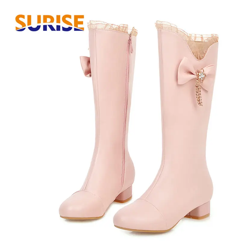 Зимние женские плюшевые ботинки до середины икры черные розовые с закругленным