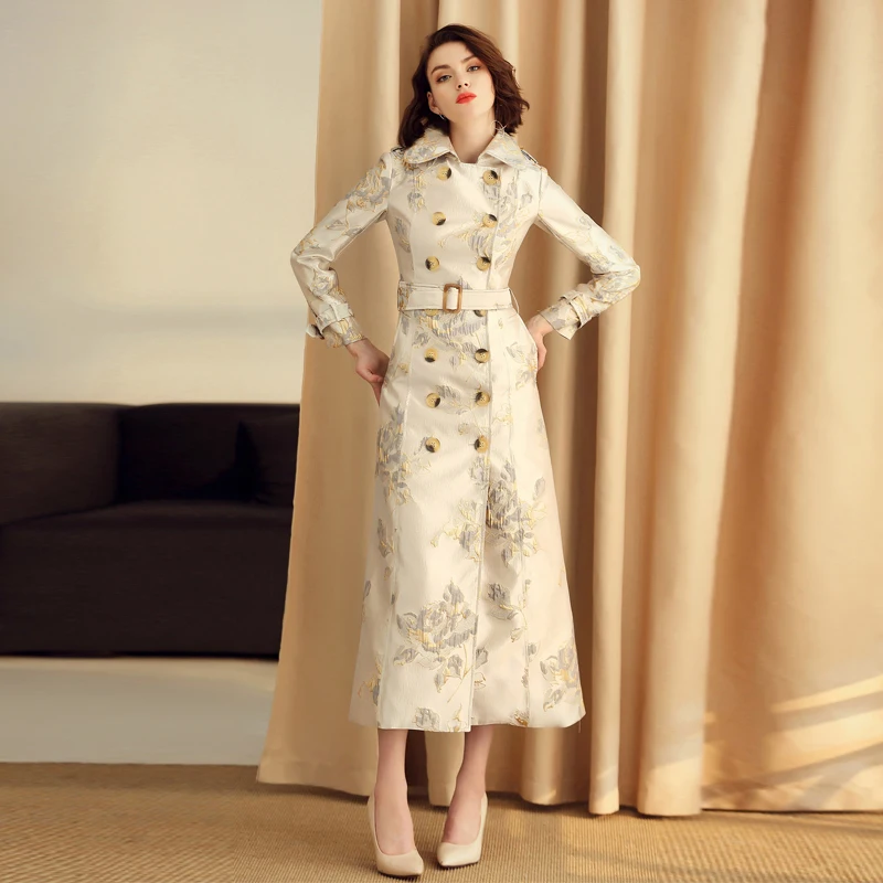 

Женский жаккардовый двубортный тренчкот в английском стиле, винтажный облегающий длинный плащ с поясом на осень и зиму