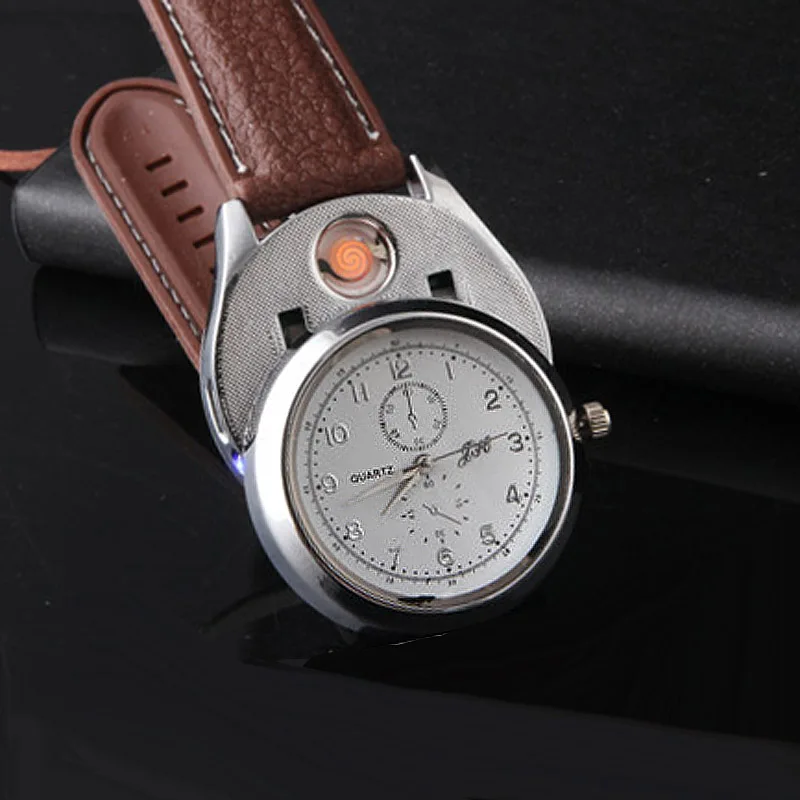 

Casual Men's Watches USB Rechargeable Flameless Lighter Watches Windproof Cigarette Lighter Quartz Wristwatches Men Reloj Hombre