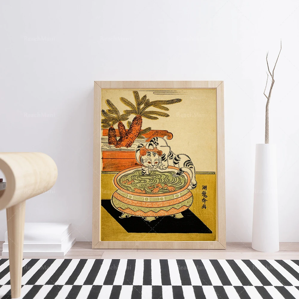 Японский художественный постер настенное искусство укиё-э кошачья лапа Золотая
