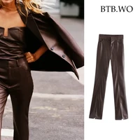 btb wo za faux leather brown pants for women high waist pants with slits vintage streetwear woman trousers autumn baggy pants