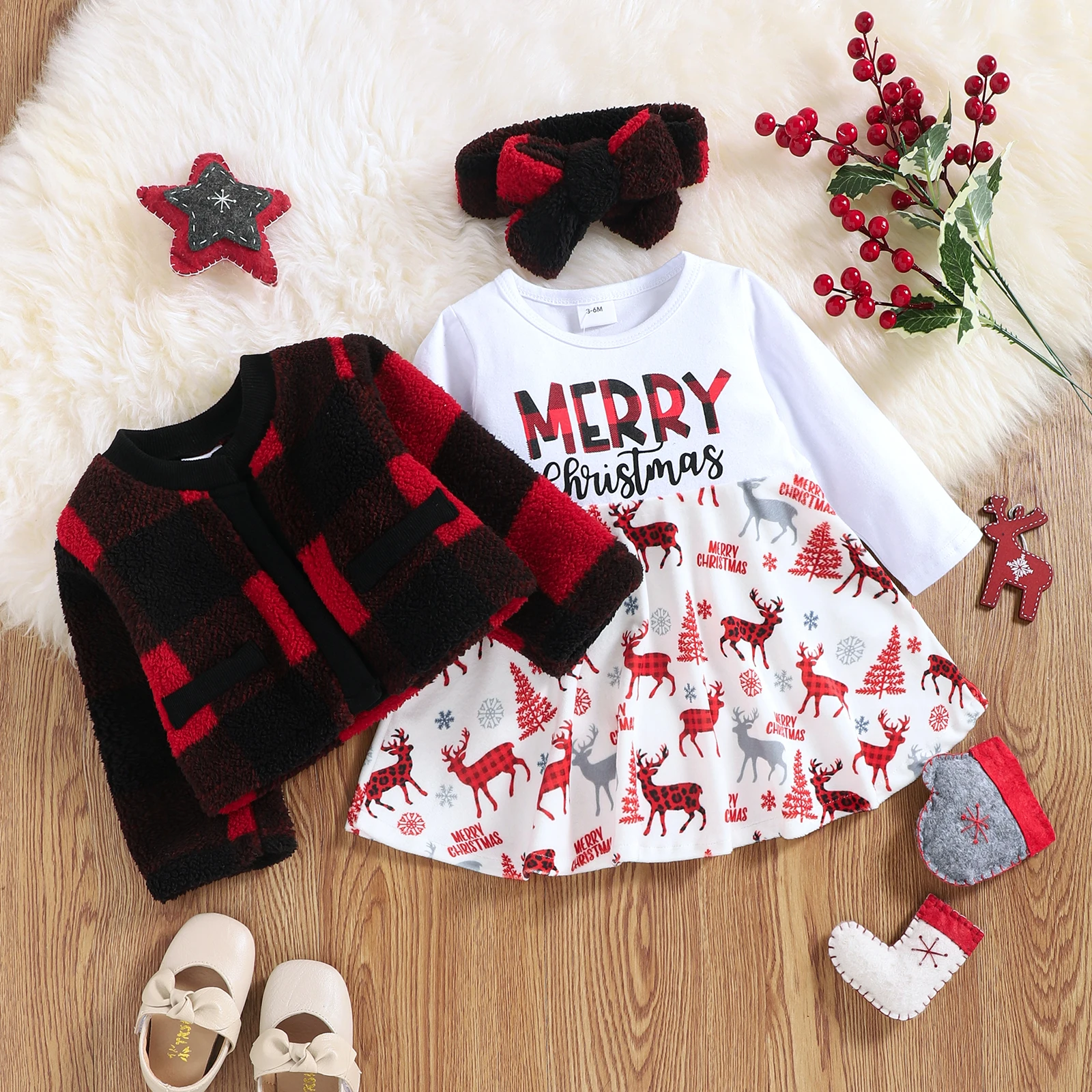 Фото FOCUSNORM рождественские комплекты одежды для маленьких девочек 3 шт. меховое