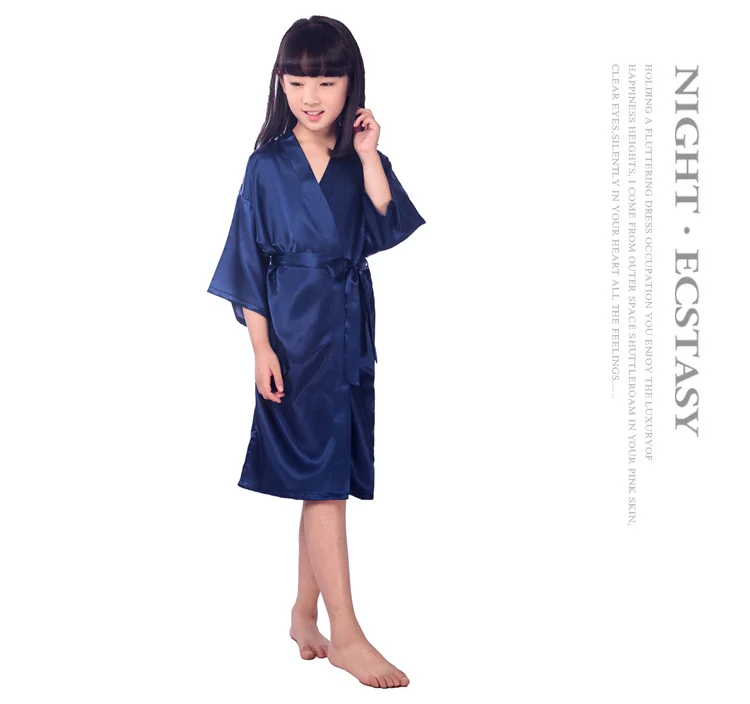 navy blue back name Новые однотонные шелковые халаты для девочек кимоно с цветочным узором для девочек Свадебные Короткие халаты, пижамы детский халат+ пояс, ночная рубашка, горячая распродажа - Цвет: navy blue back name