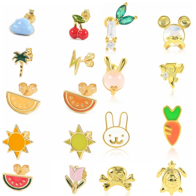 

CANNER Stud Earrings 925 Sterling Silver Small Drop Oil Cartilage Piercing Fruit Bear Cute Ear rings For Teens Fashion Jewelry