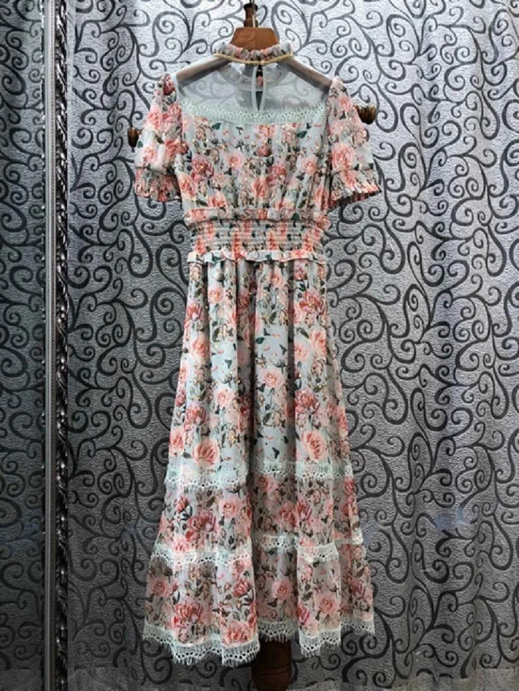 

New Top Quality 2021 Runway Style Summer Dress Women Ruffled Collar Beautiful Rose Flower Print White Lace Color Block Dress