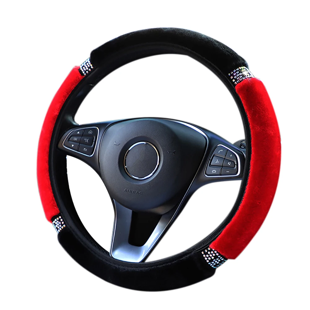 

New 15" Car Steering Wheel Cover Winter Warm Fleece Cover Bling Rhinestones Auto Decoration Interior Accessories for Women