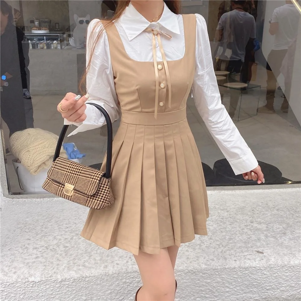 

Mini Dress Black Pleated Korean Puff Sleeve Patchwork Bow A-Line Vestidos Cute Kawaii Streetwear Female Spring Fall Vestido
