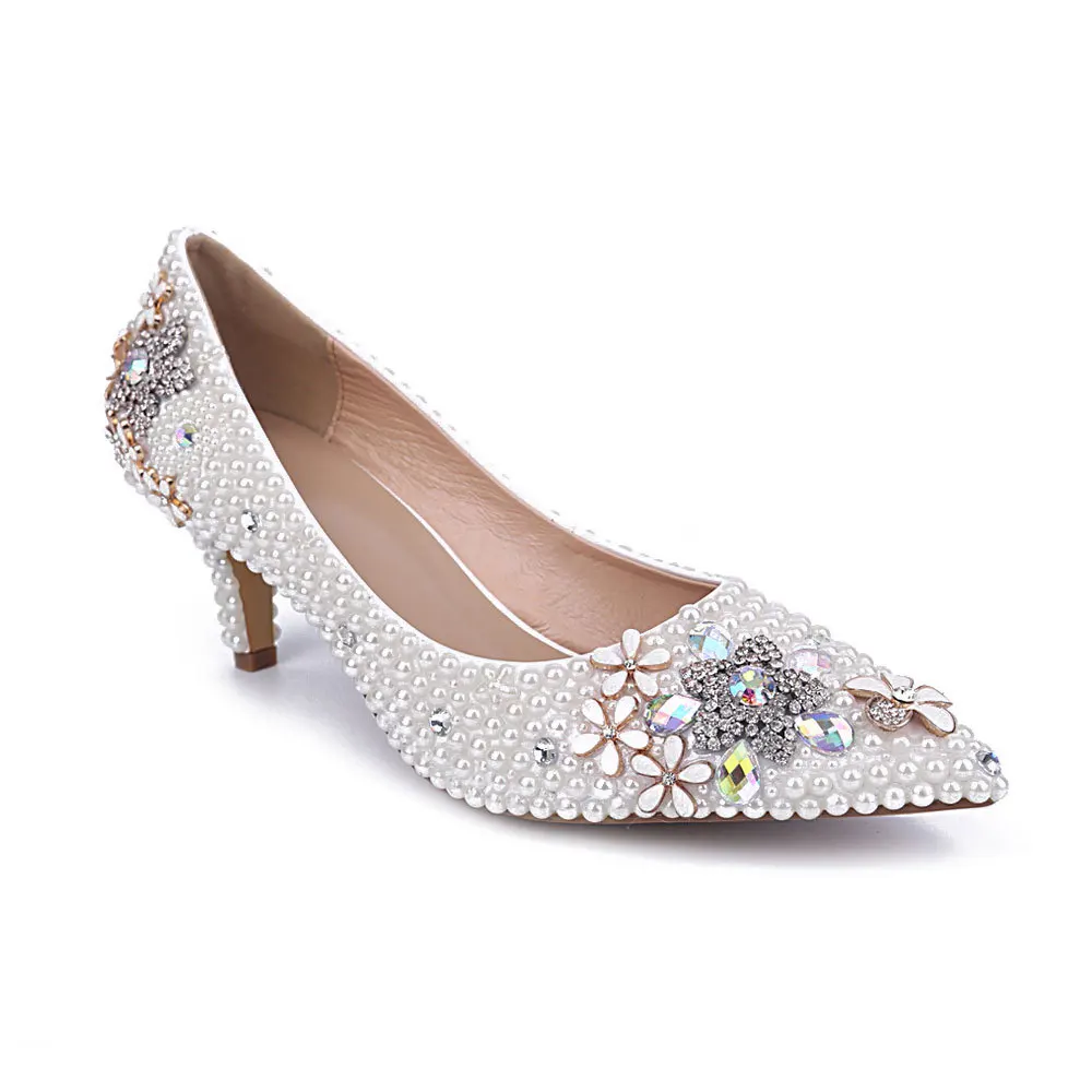 

Elegant Pumps Heels White Pearl Starfish Buckle Fashion Pointed Single Shoes Banquet Bridal Wedding High-heeled Women's Shoes