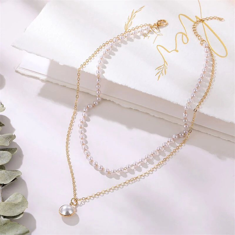 

Retro ins simple style double-layer pearl necklace female clavicle chain short neckband neck jewelry for women girl