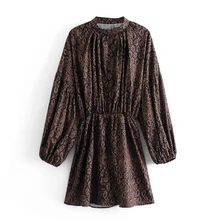 Women's Fashion 2021 New Spring Summer Half Open Collar Long Lantern Sleeve Print High Waist Elegant Sexy Short Dress