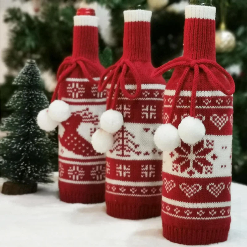 

Christmas Knitted Wine Bottle Cover Party Decoration Dinner Wine Bottle Cover Christmas Wine Bottle Cover, 3PCS