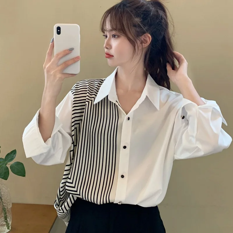 

Casual Striped Patchwork Irregular Blouses Women Chiffon Loose Female Leisure Long Sleeve Shirts Femme Cozy Blusas Ropa Mujer