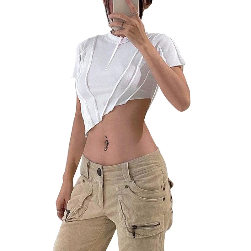 

Women Short Sleeve O-Neck Crop Top Punk Ripped Ruched Striped Bodycon T-Shirt Sexy Cutout Irregular Hem Slim Streetwear