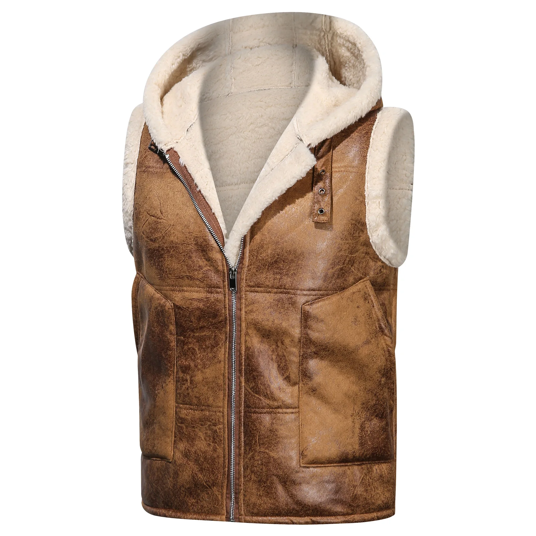 Men's Winter PU Leather Fur Vest Casual Hooded Warm Jacket Lambswool Waistcoat Jackets Sleeveless Zipper Solid Color | Мужская
