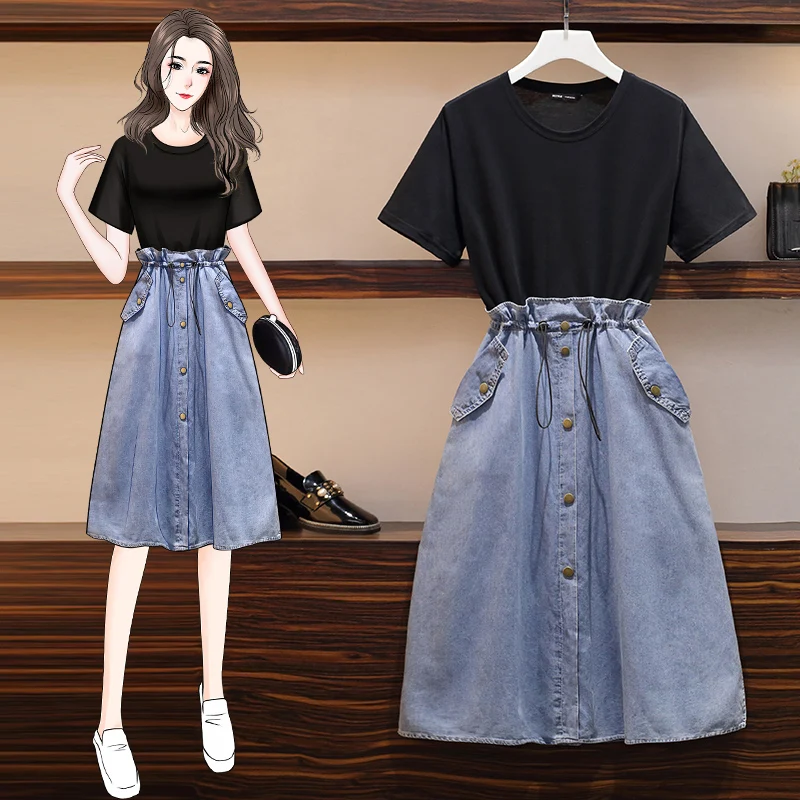 

4XL Plus Size Women Casual Dress Summer 2021 Short Sleeve Cotton Tshirt Patchwork Drawstring High Waist Ladies Denim Dresses