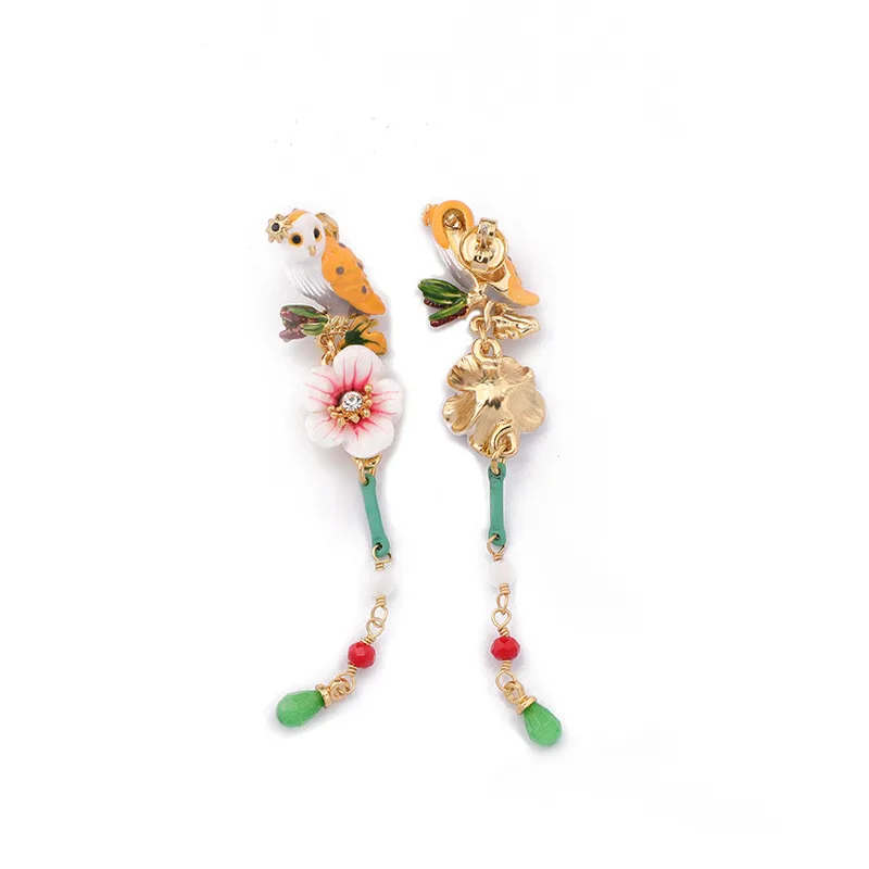 

European and American temperament fashion enamel glaze owl earrings exaggerated personality niche long tassel dangle earrings