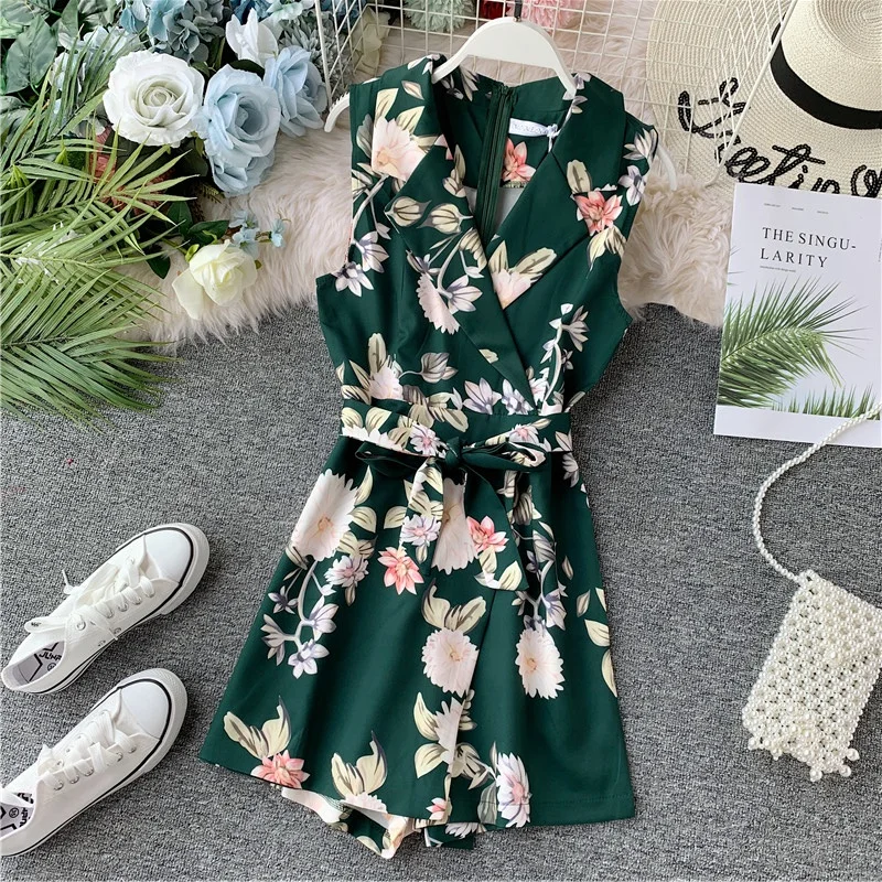 

Amolapha Women Vintage Flower Printed Playsuits Woman Bohemian Print Flora Sashes Waist Short Jumpsuit Outfits