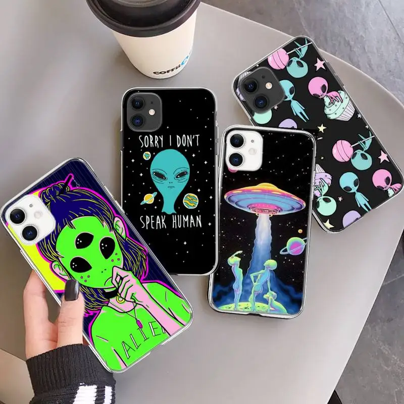 

Aesthetics Cute Cartoon alien space Phone Case Transparent for iPhone 6 7 8 11 12 s mini pro X XS XR MAX Plus