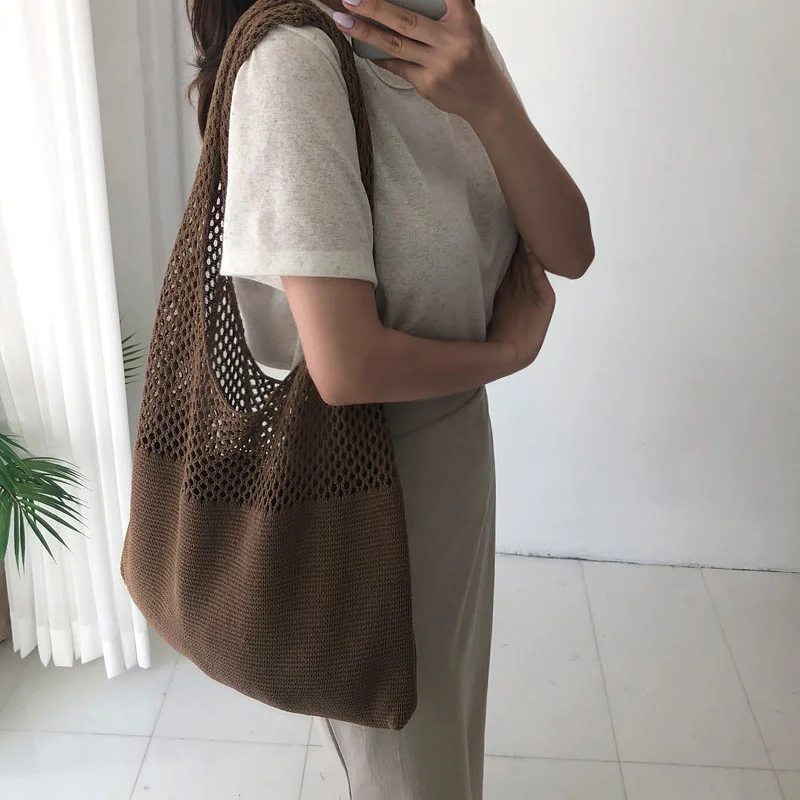 

casual hollow woven women shoulder bags designer knitting handbags large capacity tote summer beach bag big purses shopper sac