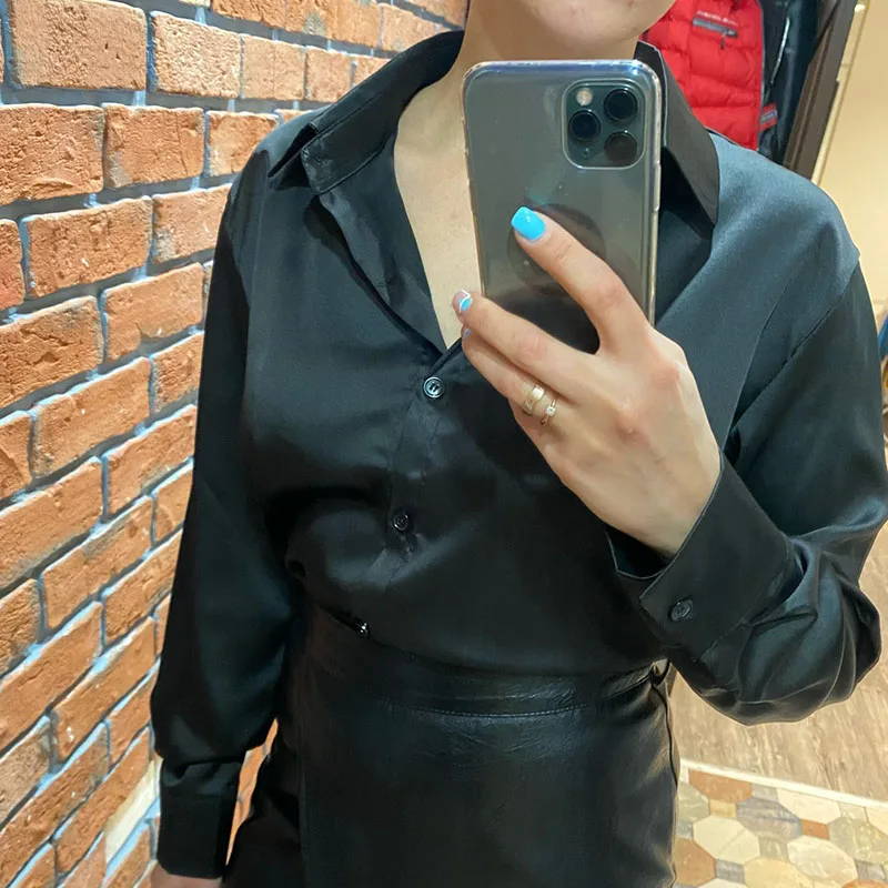 Осенняя модная атласная шелковая рубашка на пуговицах винтажная блузка для