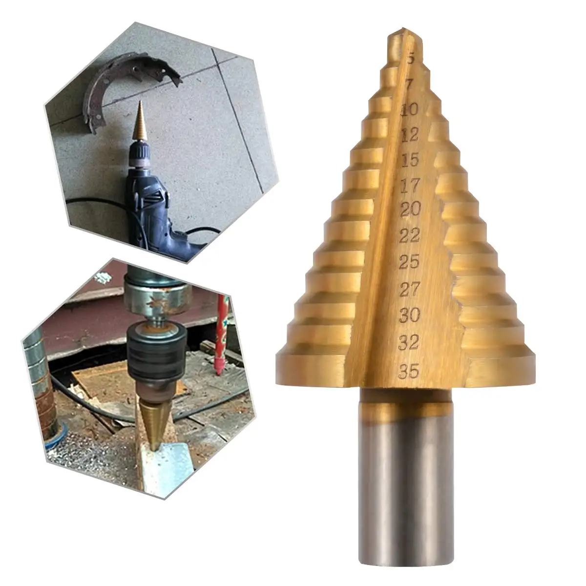 

5-35mm Titanium Triangle Round Handle Step Drill Cone Drill Bits, High Speed Steel 13 Steps, Titanium coated tower drill bit