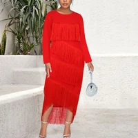 women dresses o neck tassels fringe bodycon sexy long sleeves irregular length party celebrate occasion african birthday event