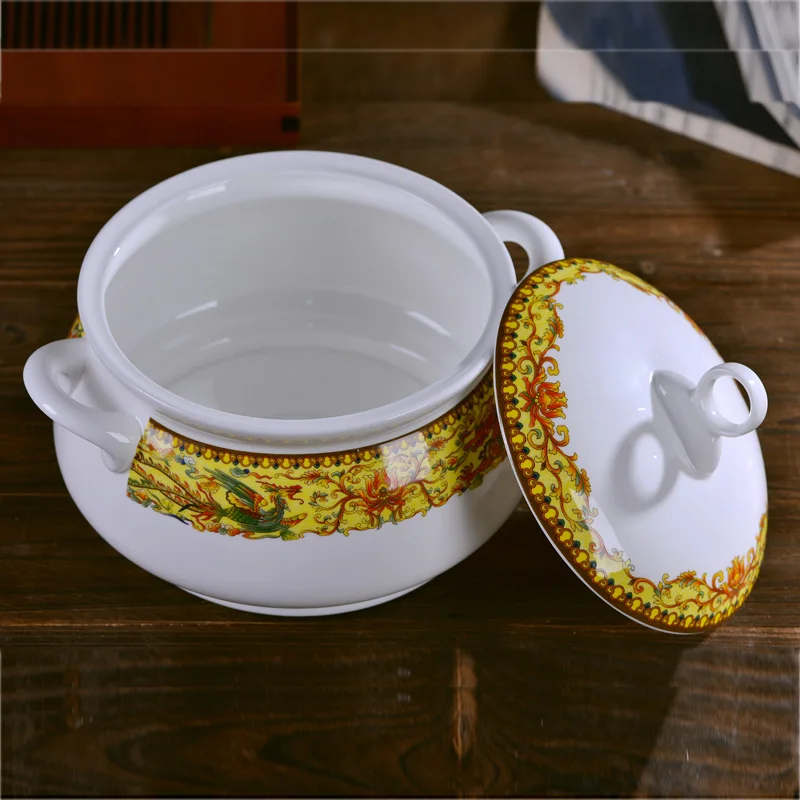 Jingdezhen Ceramic big soup bowl with cover and ears palace pot high quality bone china household soup bowl tableware soup pot