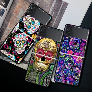for samsung galaxy z flip 3 5g case luxury matte black hard phone cover zflip 3 shockproof fundas shell cool flower skull art free global shipping