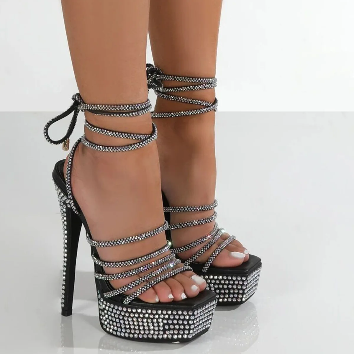 

2022 New Rhinestone Square Toe 16CM High Heel Women Platform Sandals Ladies Shoes Womens Heels Zapatos De Mujer Tacon Cuadrado
