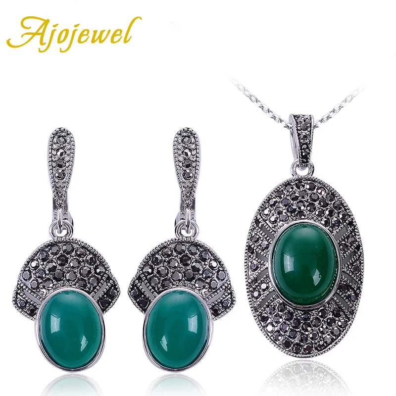 

Женские винтажные комплекты из ожерелья и серёжек, черного цвета, украшения с зеленым камнем