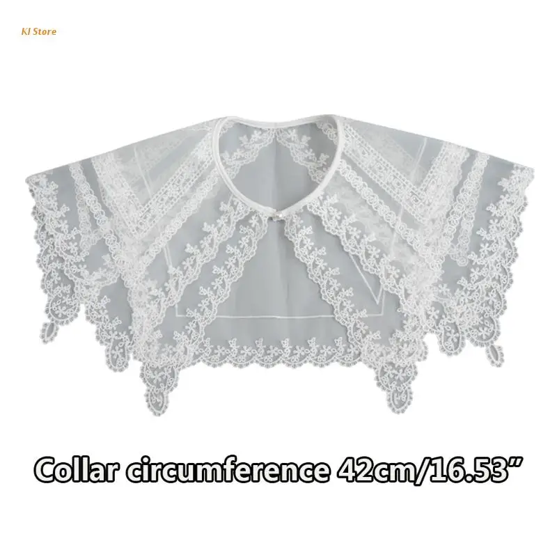 

European Style Embroidery Lace Fake Collar Shawl Wrap with Faux Pearl Button Double Layer Sheer Mesh Decorative Necklace Lapel