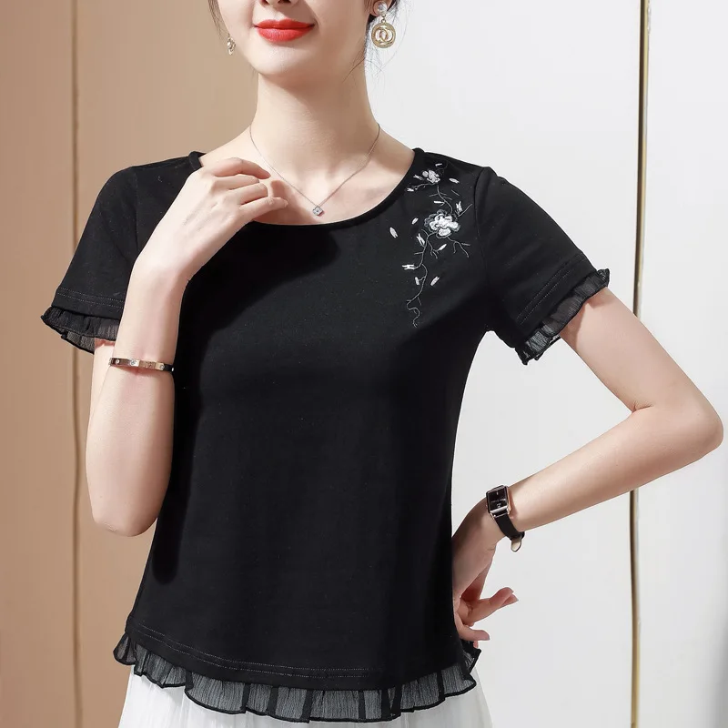 

New 2021 Summer Short Sleeve Women's T-Shirt Fashion Casual Embroidery Cotton Tops Shirt Plus Size M-4XL Female Blusas