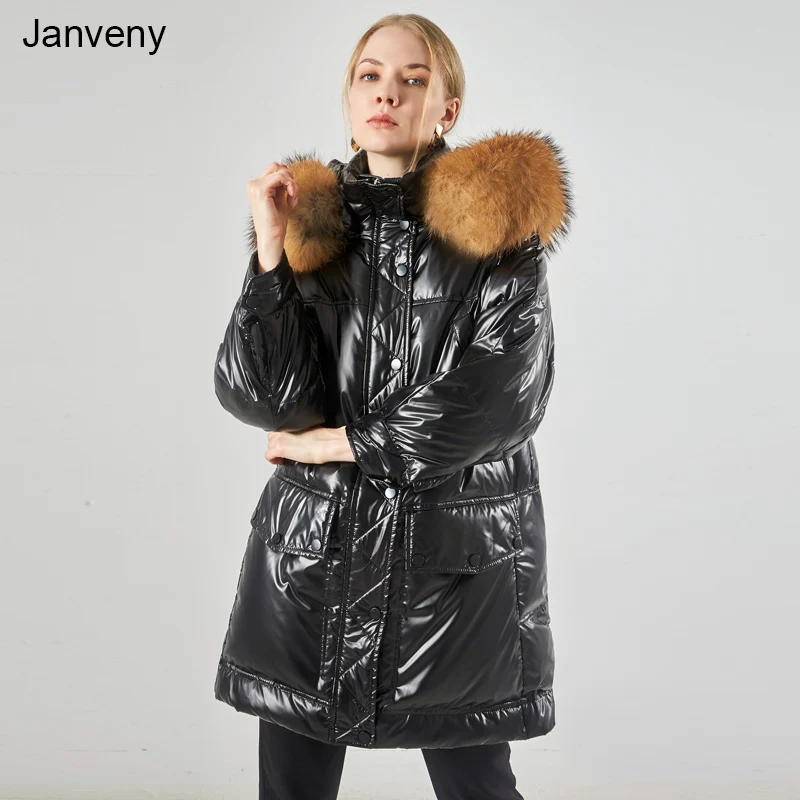 

Janveny зимняя куртка из натурального меха енота с капюшоном из лакированной кожи женское длинное пальто на 90% утином пуху пуховая Водонепрони...