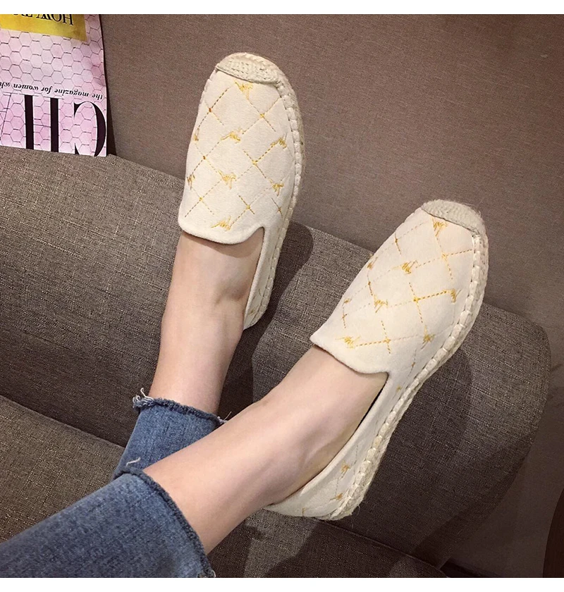 Fashion Hemp Loafers Women Espadrilles Flats Shoes Sewing Rhinestone Round Toe Ladies Casual Moccasins Slip On Brand Style New
