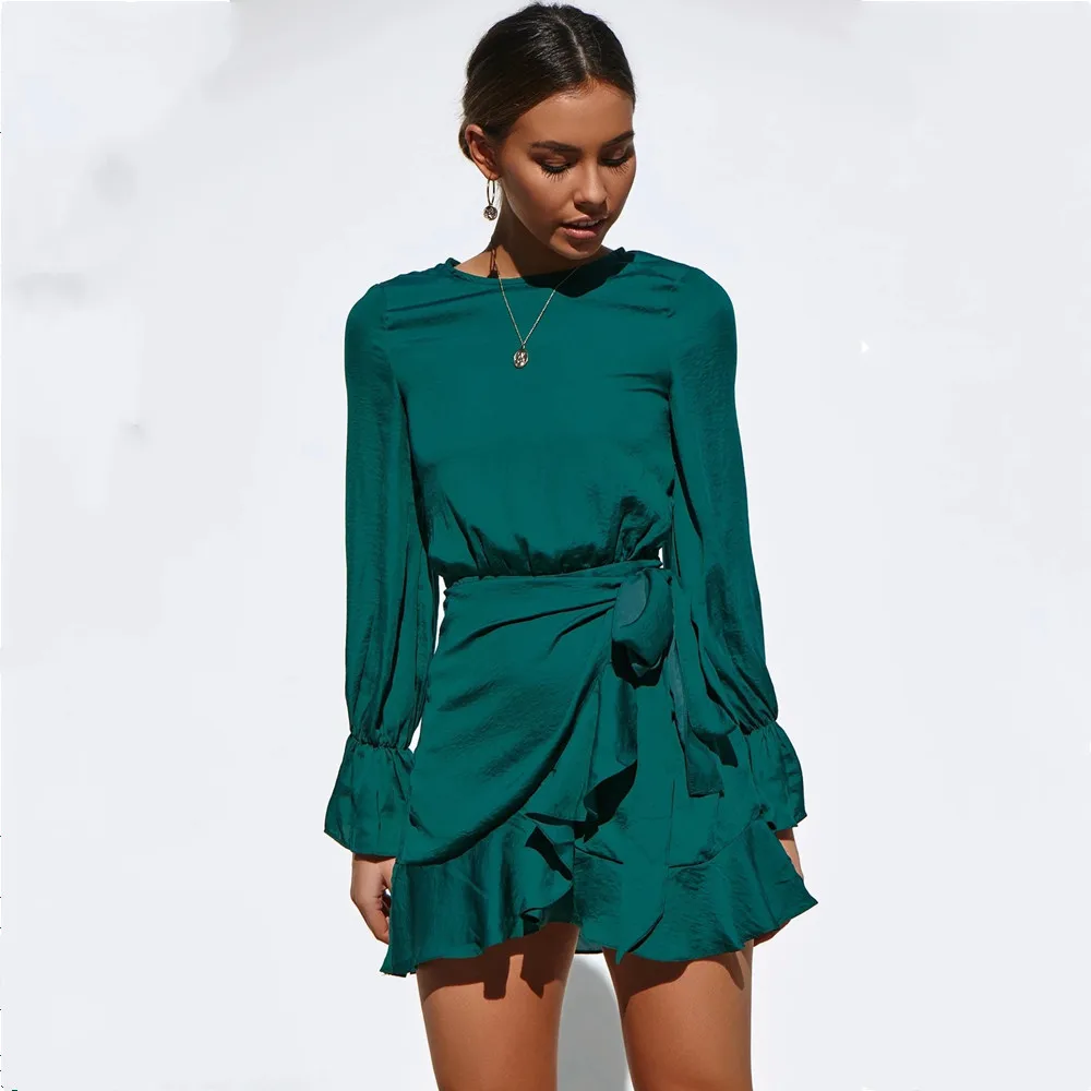 

Fall Winter Pure Color Irregular Short Dress With Ruffle Stitching 2021 New Halter Lace-Up Flared Sleeve Dress Women Robe Femme