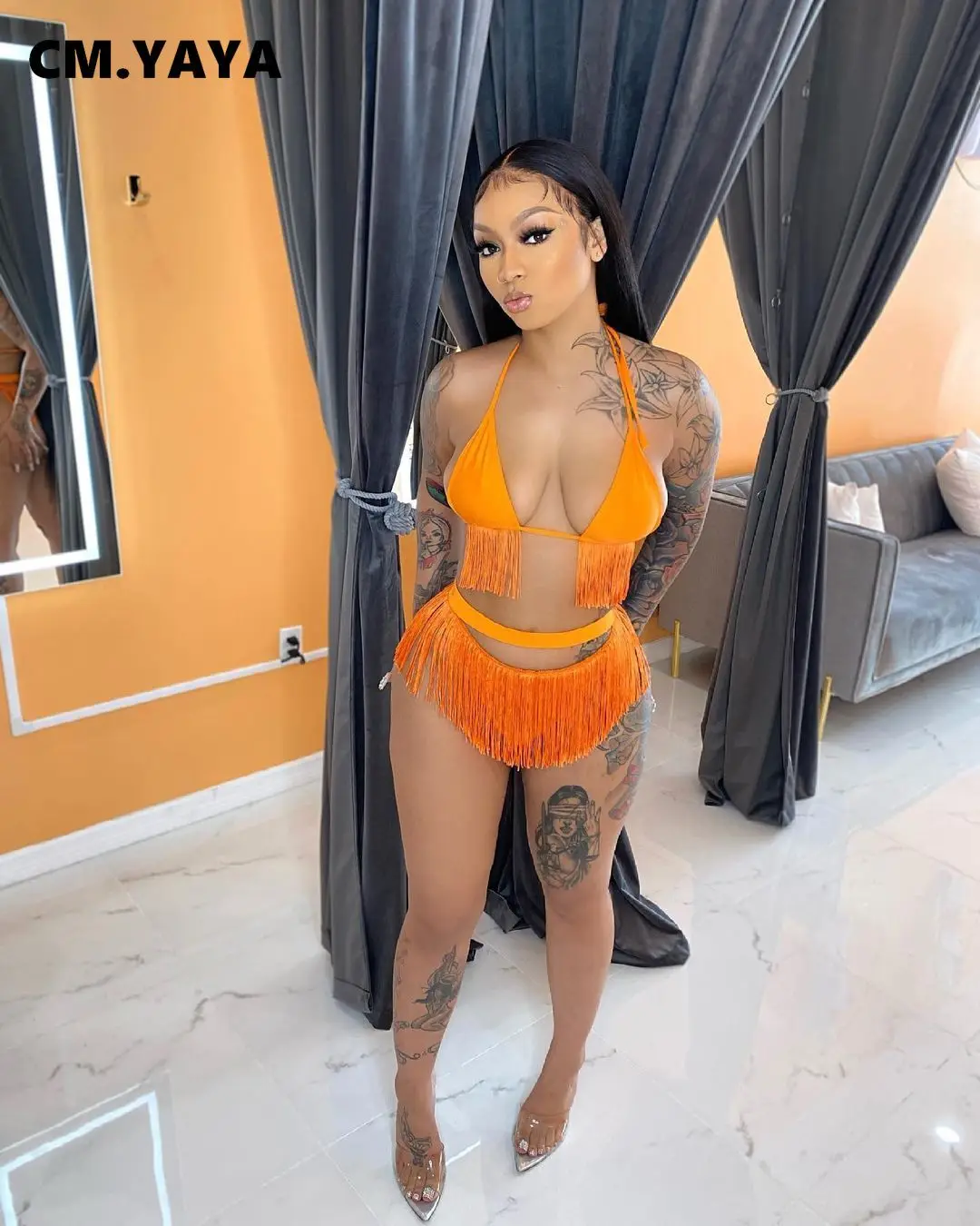 Женский комплект бикини с бахромой CM.YAYA однотонный бандажный бюстгальтер топы и