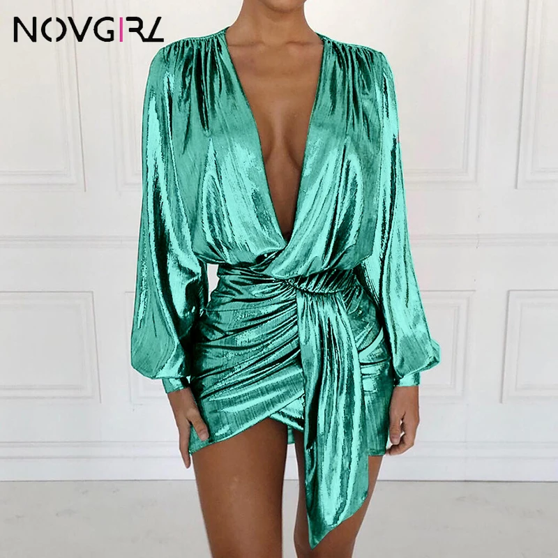Novgirl Oversize XS-2XL Night Club Metalic Plunge Party Gold Dress Sashes Ruched Bodycon Deep V Neck Sexy Dresses | Женская одежда