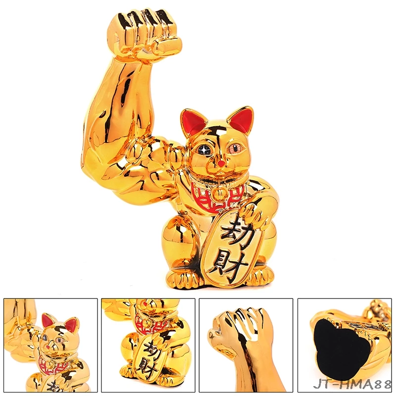 

Muscle Arm Lucky Cat Ornaments Golden Resin Crafts Living Room Cute Animal