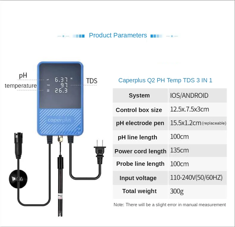 

Caperplus Aquarium Q1 Q2 PH Temperature TDS 3 in 1 Intelligence Monitor Detector WIFI APP PH Digital Monitor For Fish Tanks