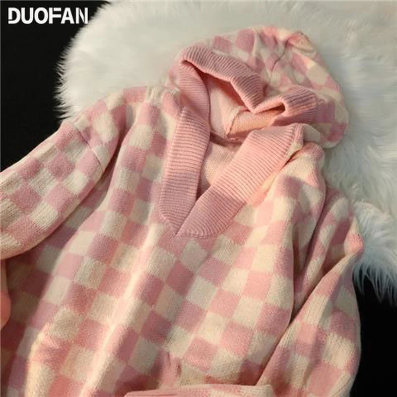 

Женский винтажный пуловер с капюшоном DUOFAN, осенне-зимний базовый трикотажный пуловер в шахматную клетку в стиле High Street