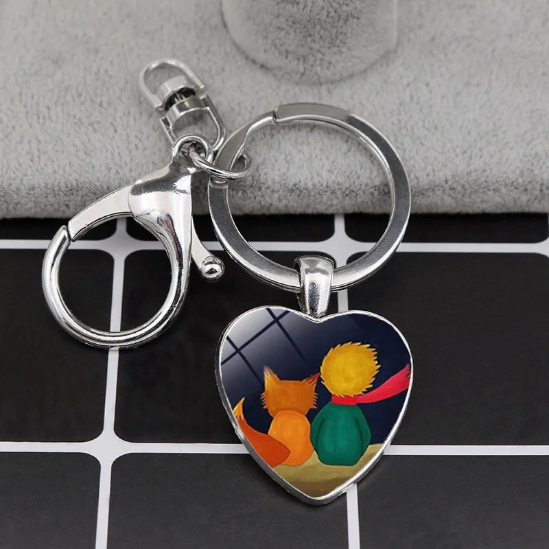 

Cute Little Prince Metal Keychain Time Jewel Cabochon Glass Key Chains Pendant Glow In Dark Key Chains Luminous Students Gift
