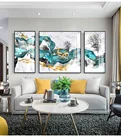 Современная Простота абстрактный китайский стиль Золотой олень и синий Дамаск и золотой солнце крыльцо украшение для гостиной холст искусство