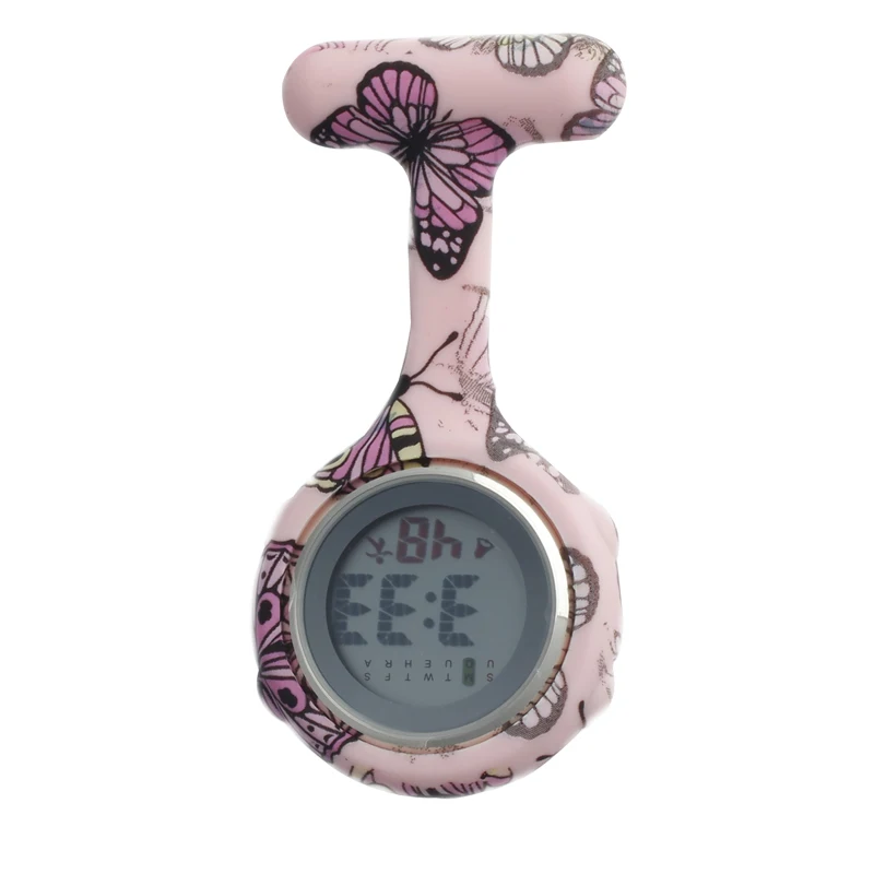 30 pink butterfly ALK Цифровые силиконовые часы для медсестры, карманные часы, собачьи лапы, доктор, медицинская больница, брошь с отворотом, часы, бренд, дата, неделя, дисплей - Цвет: 30 pink butterfly